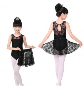 Black lace girls kids children performance competition practice gymnastics latin ballet dance outfits costumes  leotards catsuits with skirts